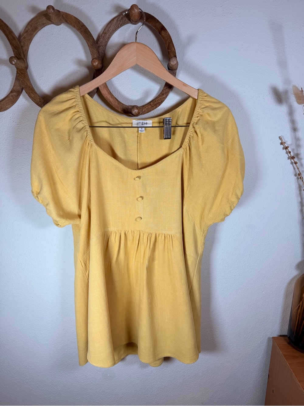 Umgee Mustard Yellow Linen Blend Babydoll Puff Sleeve Top M